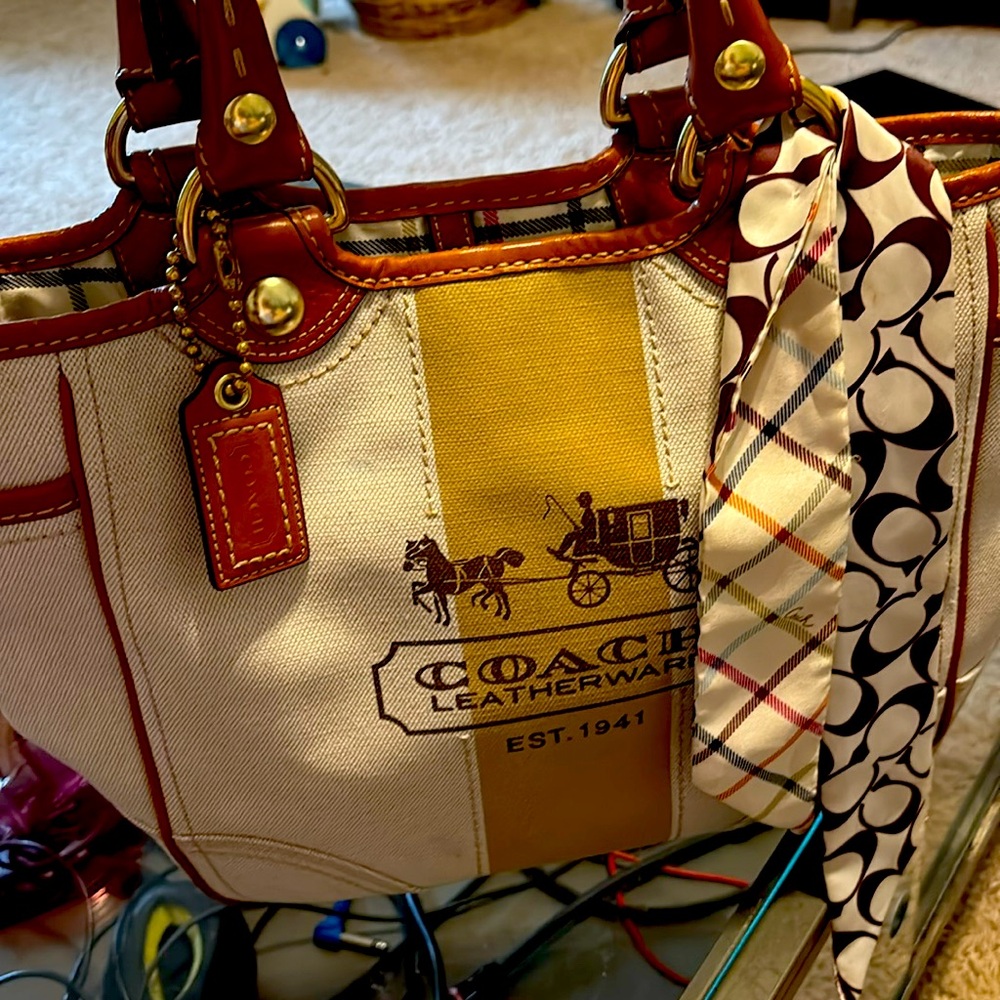 COACH BLEECKER TOTE 11791 TATTERSALL BRASS LEATHER CHUNKY STITCHING & BALL CHAIN
